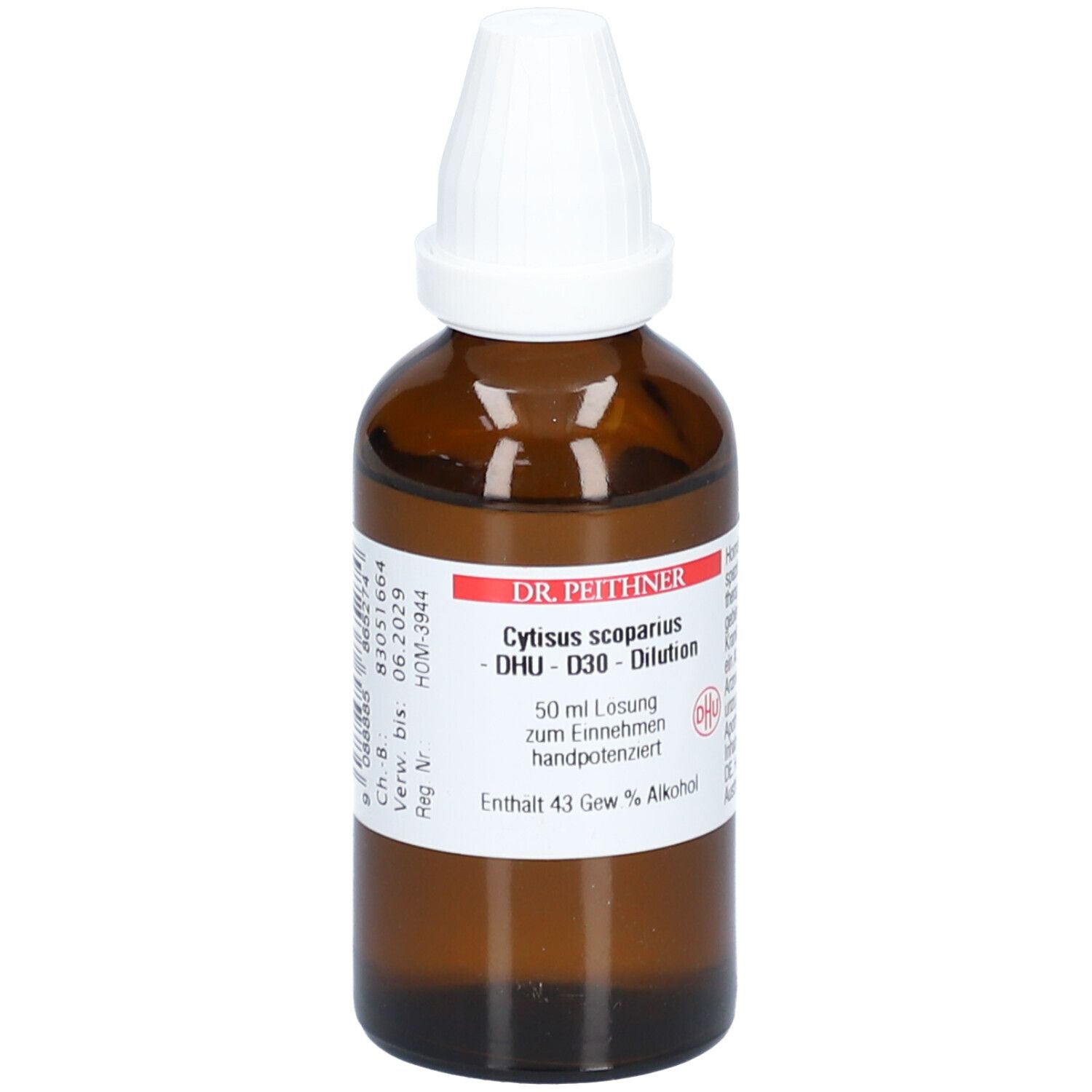 Braune Glasflasche mit weißem Verschluss. Beschriftung: Dr. Peithner Cytisus scoparius - DHU - D30 - Dilution.