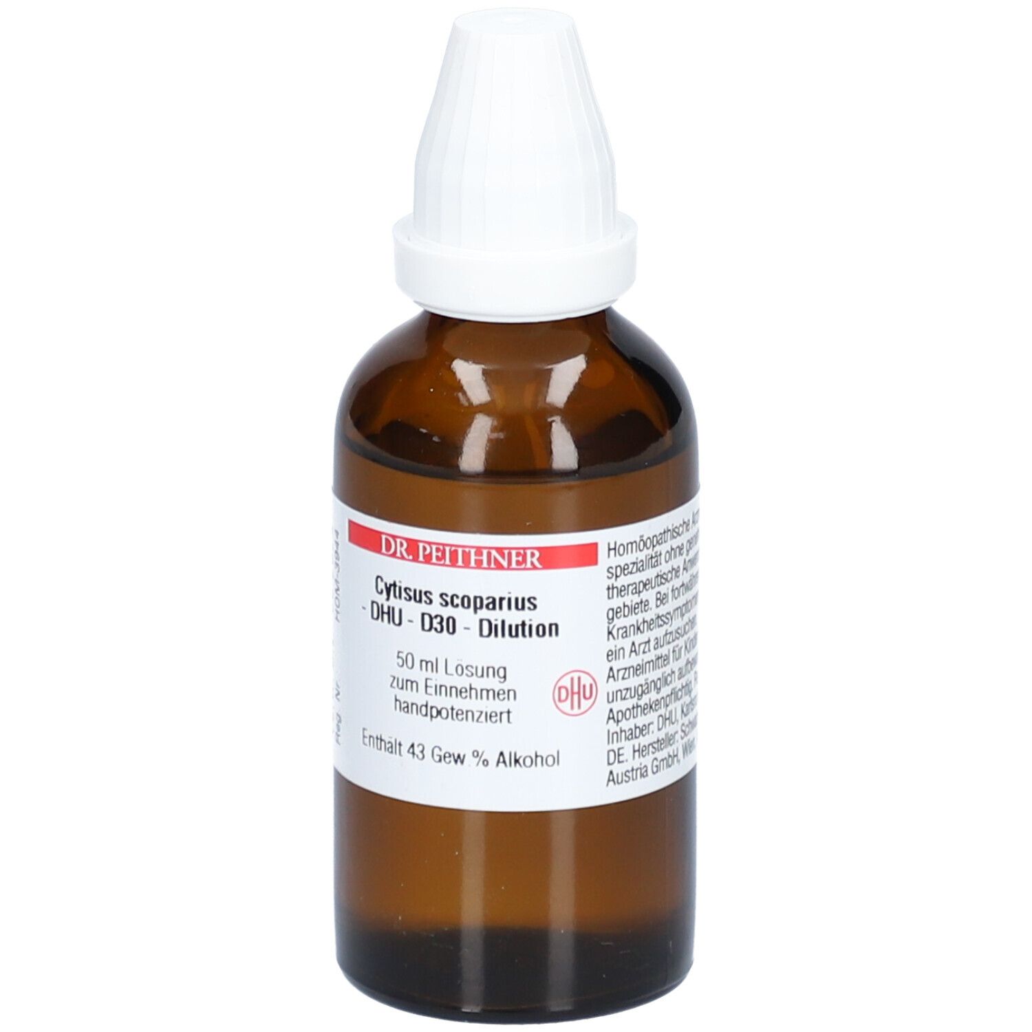 Braune Glasflasche mit weißem Verschluss. Beschriftung: Dr. Peithner Cytisus scoparius - DHU - D30 - Dilution.