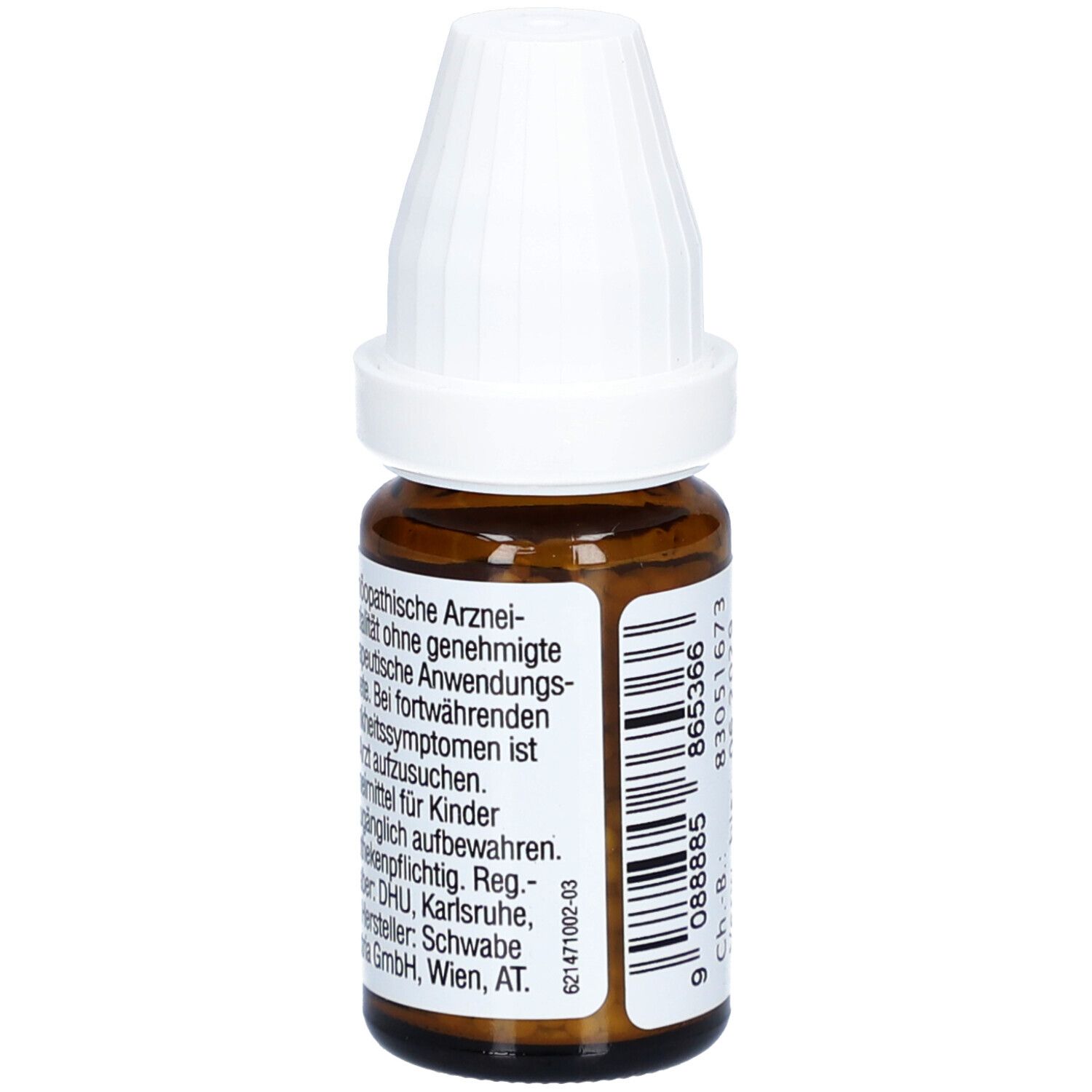 Braune Glasflasche mit weißem Deckel. Beschriftung: Homöopathische Arzneimittel. Hersteller: DHU, Karlsruhe, Deutschland.