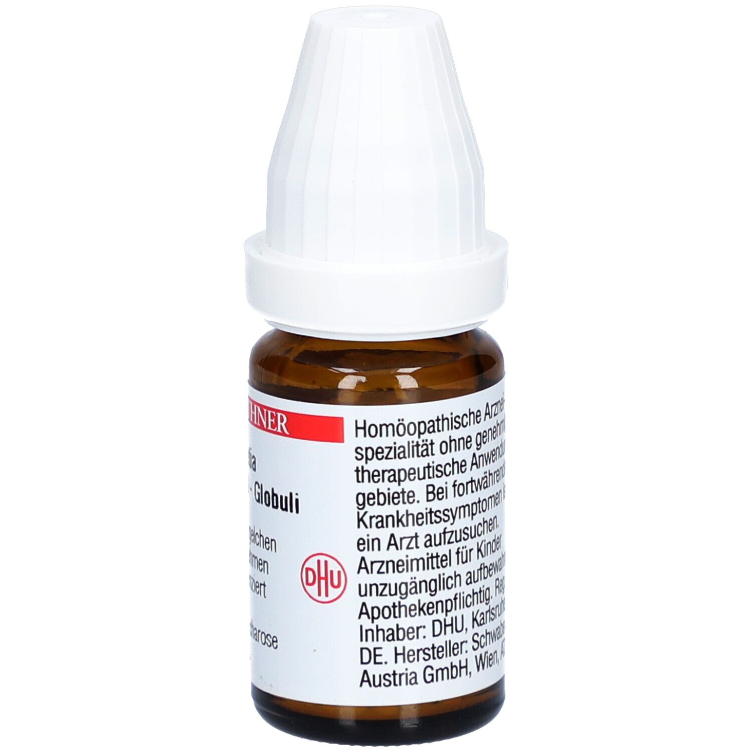 Braune Glasflasche mit weißem Deckel. Beschriftung: Homöopathische Arzneimittel. Apothekenpflichtig. DHU Logo.