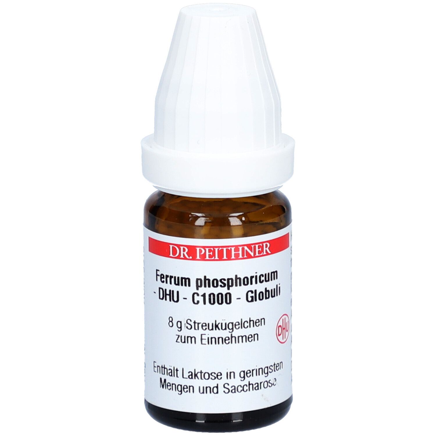 Braune Glasflasche mit weißem Deckel. Etikett mit Produktnamen: Dr. Peithner Ferrum phosphoricum - DHU - C1000 - Globuli.
