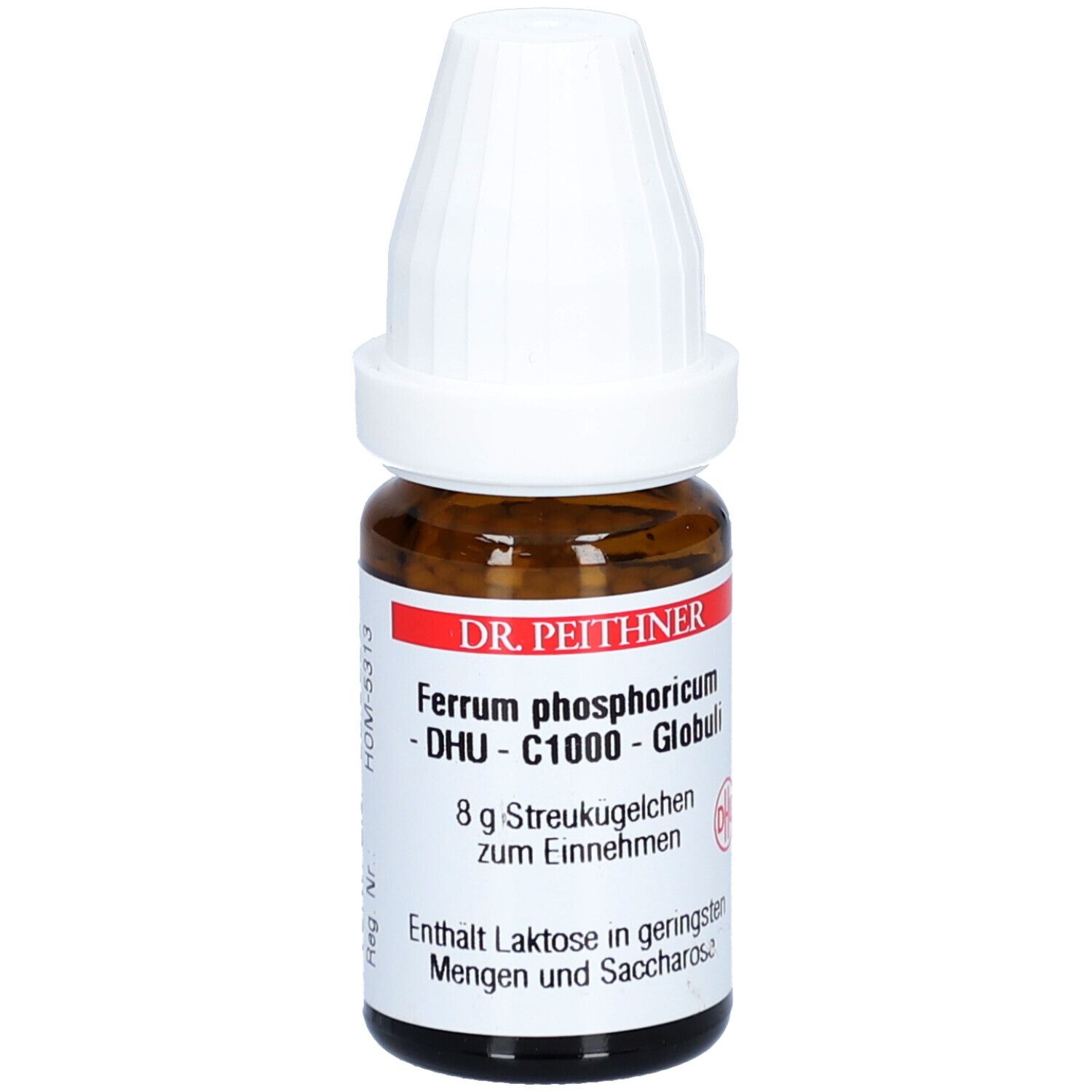 Braune Glasflasche mit weißem Deckel. Etikett mit Produktnamen: Dr. Peithner Ferrum phosphoricum - DHU - C1000 - Globuli.