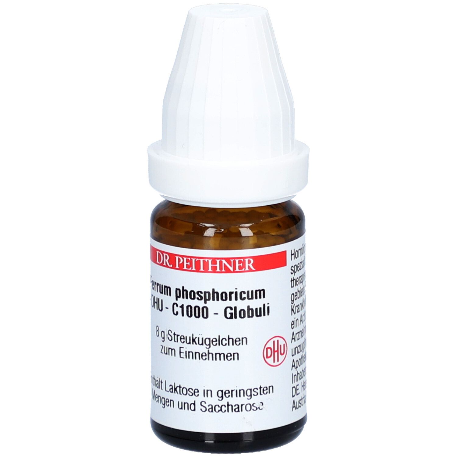Braune Glasflasche mit weißem Deckel. Etikett mit Produktnamen: Dr. Peithner Ferrum phosphoricum - DHU - C1000 - Globuli.