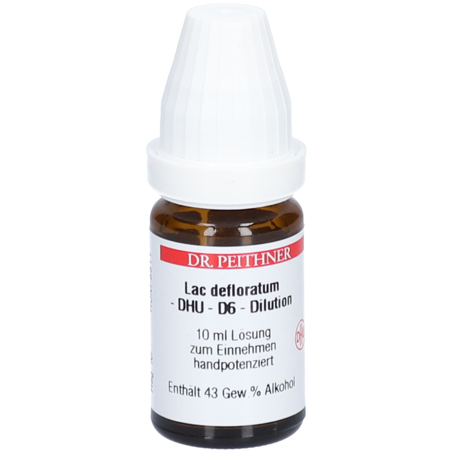 Braune Glasflasche mit weißem Verschluss. Beschriftung: DR. PEITHNER, Lac defloratum - DHU - D6 - Dilution. 10 ml Lösung.