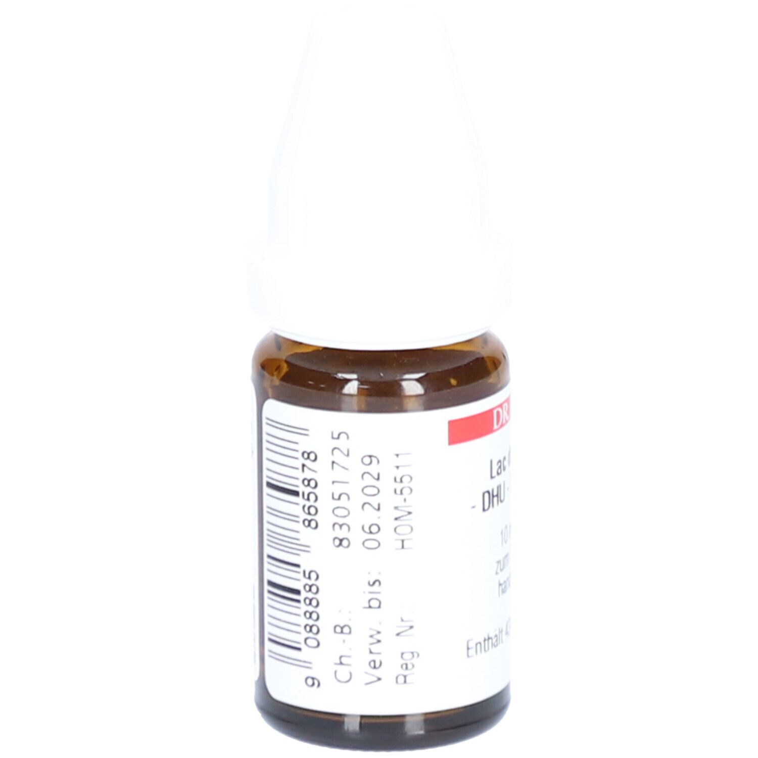 Braune Glasflasche mit weißem Verschluss. Rückseite mit Barcode und Informationen. Beschriftung: DHU, Verwendbar bis 06.2029.