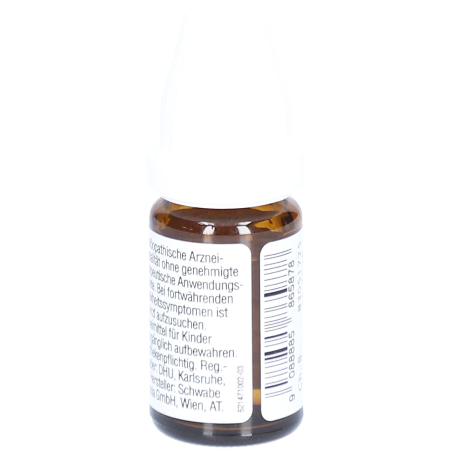 Braune Glasflasche mit weißem Verschluss. Rückseite mit Text. Beschriftung: Homöopathische Arzneimittel, Hersteller Schwabe GmbH.