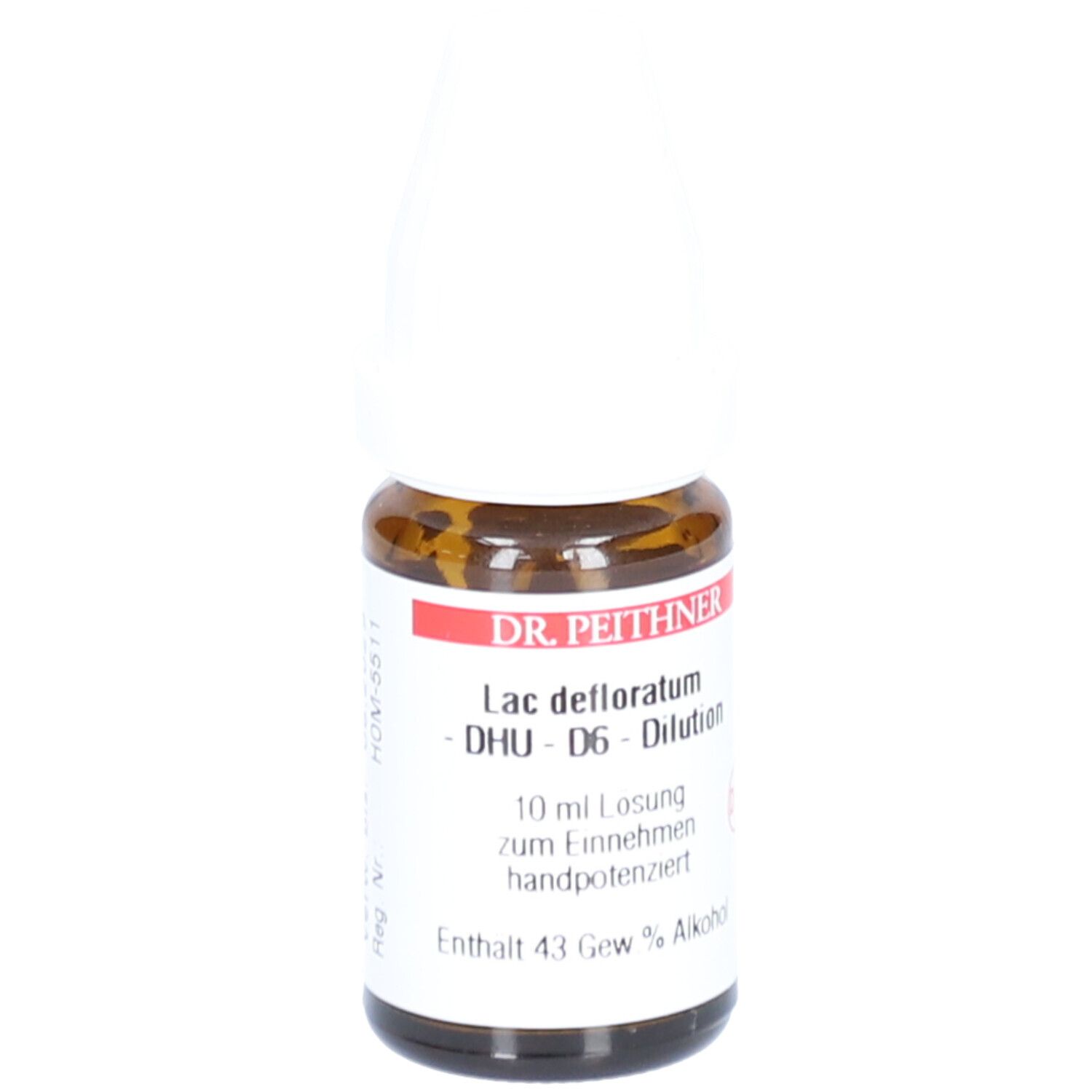 Braune Glasflasche mit weißem Verschluss. Beschriftung: DR. PEITHNER, Lac defloratum - DHU - D6 - Dilution. 10 ml Lösung.