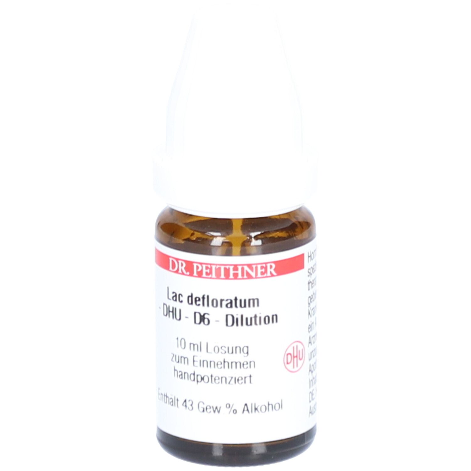Braune Glasflasche mit weißem Verschluss. Beschriftung: DR. PEITHNER, Lac defloratum - DHU - D6 - Dilution. 10 ml Lösung.
