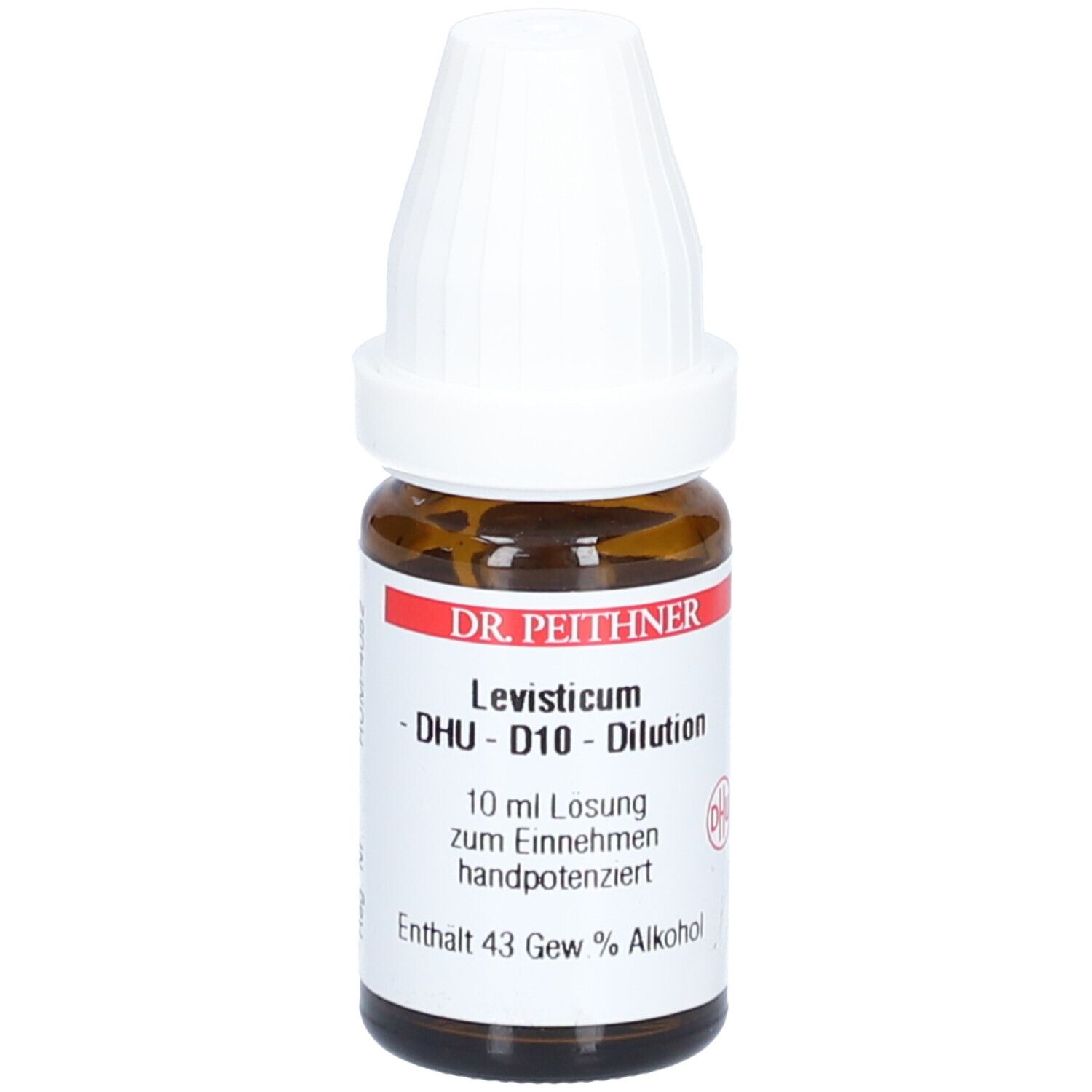 Braune Glasflasche mit weißem Deckel. Beschriftung: DR. PEITHNER, Levisticum DHU D10 Dilution. 10 ml Lösung.