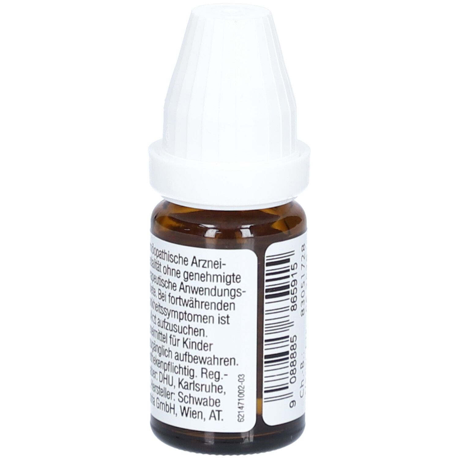 Braune Glasflasche mit weißem Deckel. Etikett mit Text: Homöopathische Arzneimittel. Barcode und weitere Informationen.