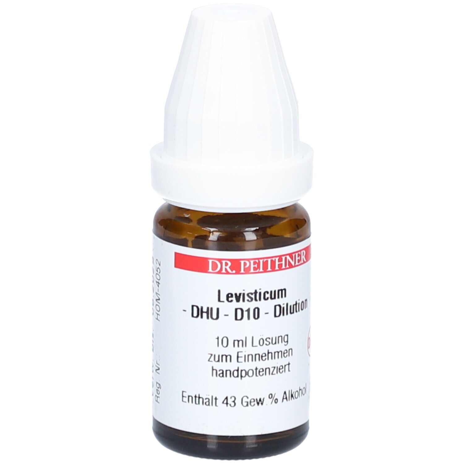 Braune Glasflasche mit weißem Deckel. Beschriftung: DR. PEITHNER, Levisticum DHU D10 Dilution. 10 ml Lösung.