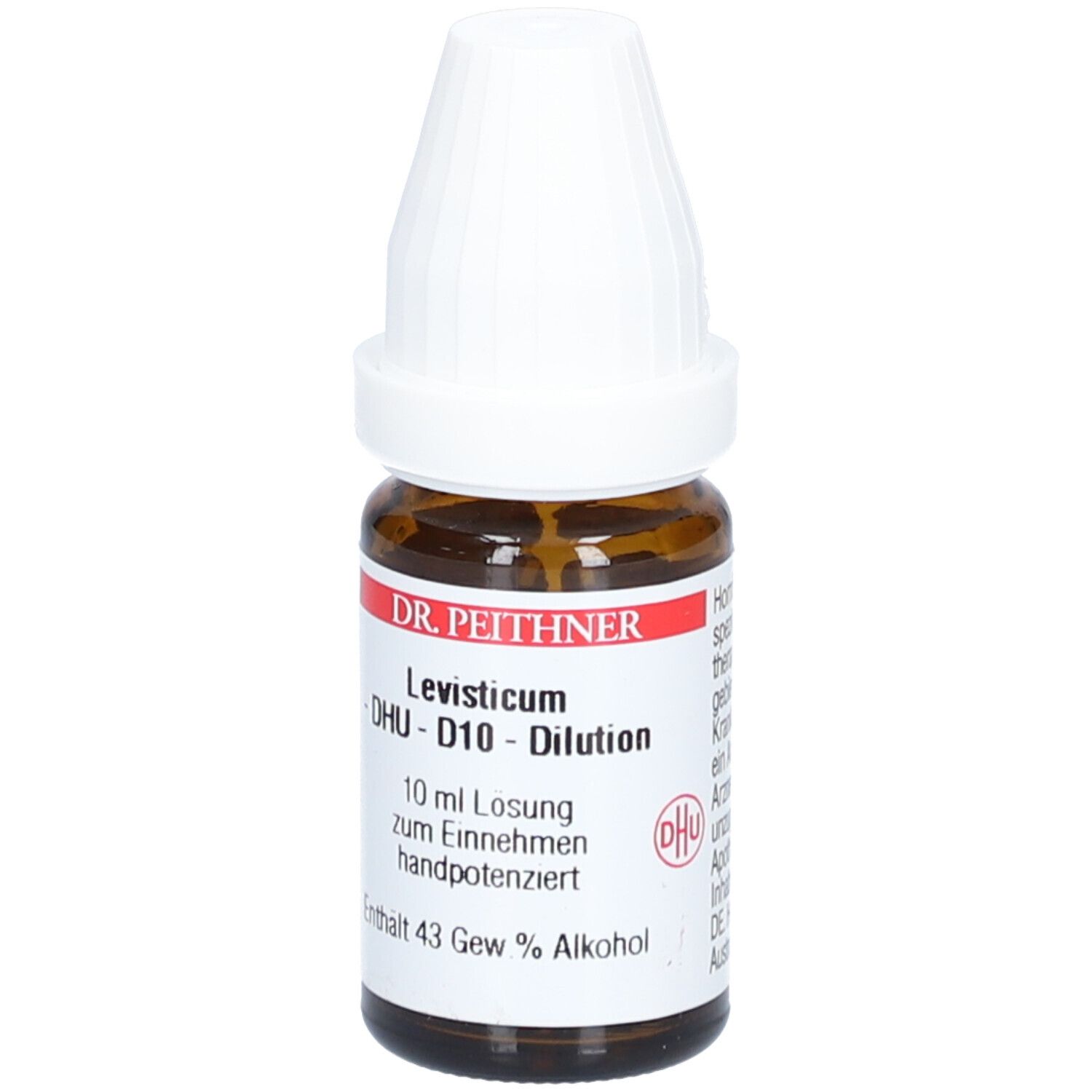 Braune Glasflasche mit weißem Deckel. Beschriftung: DR. PEITHNER, Levisticum DHU D10 Dilution. 10 ml Lösung. DHU Logo.