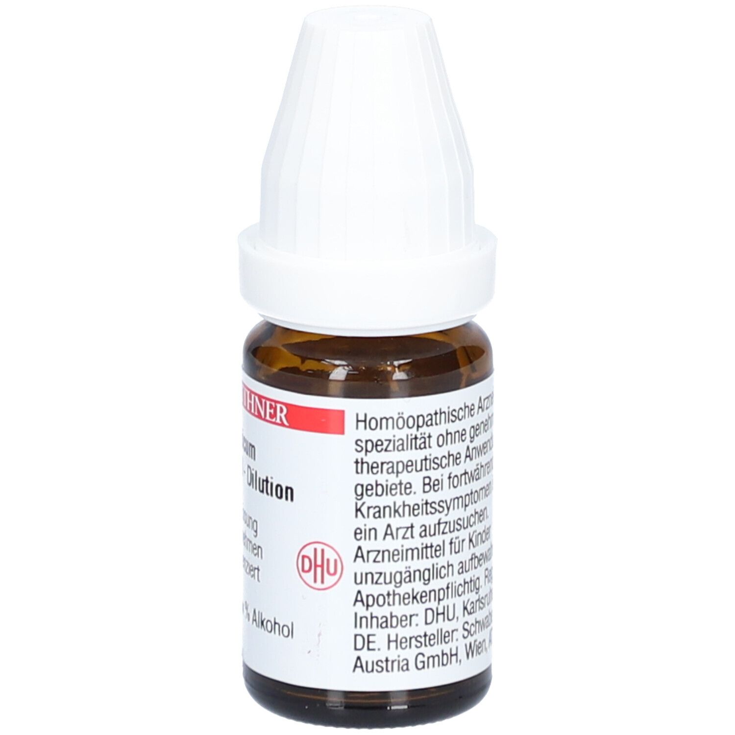 Braune Glasflasche mit weißem Deckel. Etikett mit Text und DHU Logo. Homöopathisches Arzneimittel.