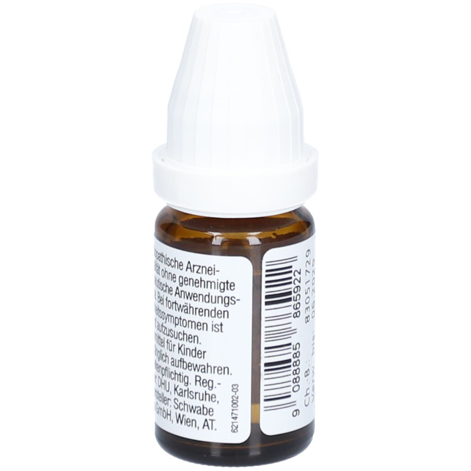 Braune Glasflasche mit weißem Deckel. Etikett mit Text: homöopathische Arzneimittel, Apothekenpflichtig, DHU.