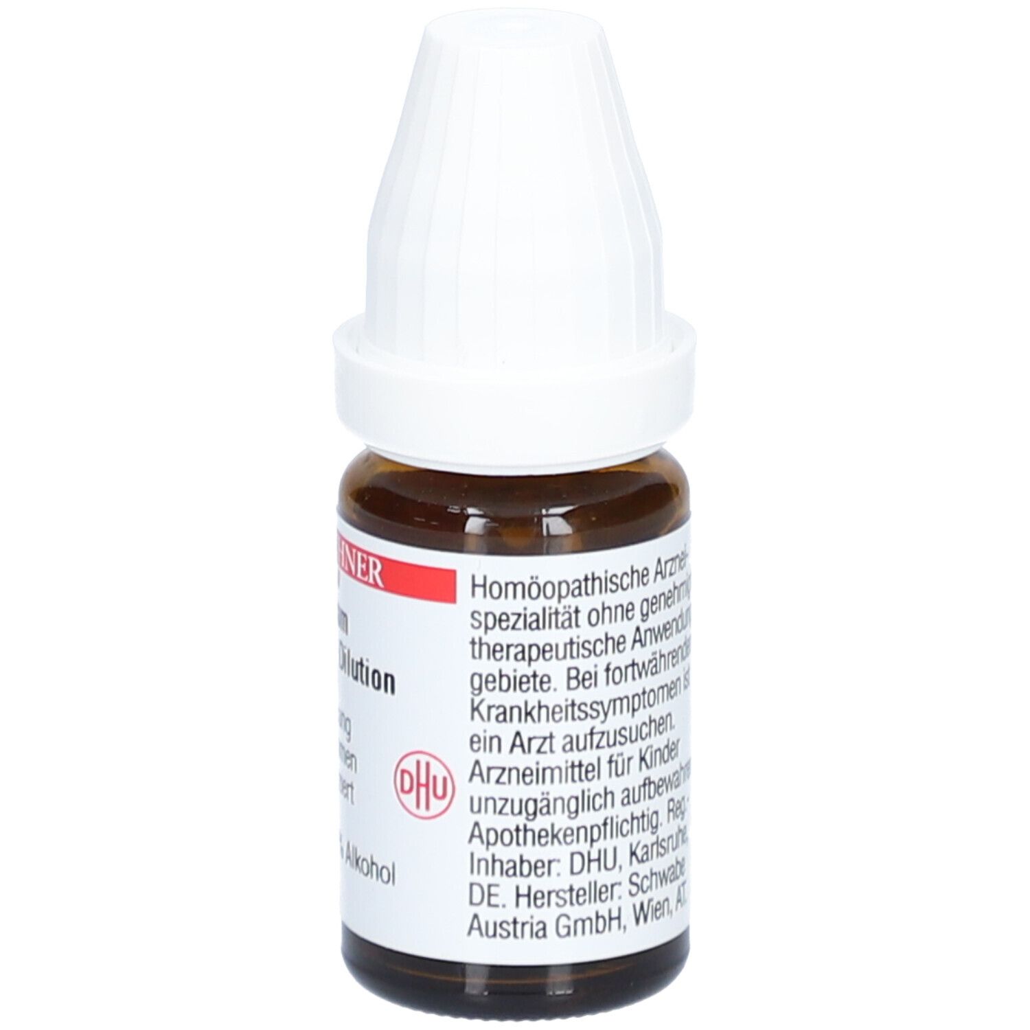 Braune Glasflasche mit weißem Deckel. Etikett mit Text: homöopathische Arzneimittel, DHU Logo, Apothekenpflichtig.