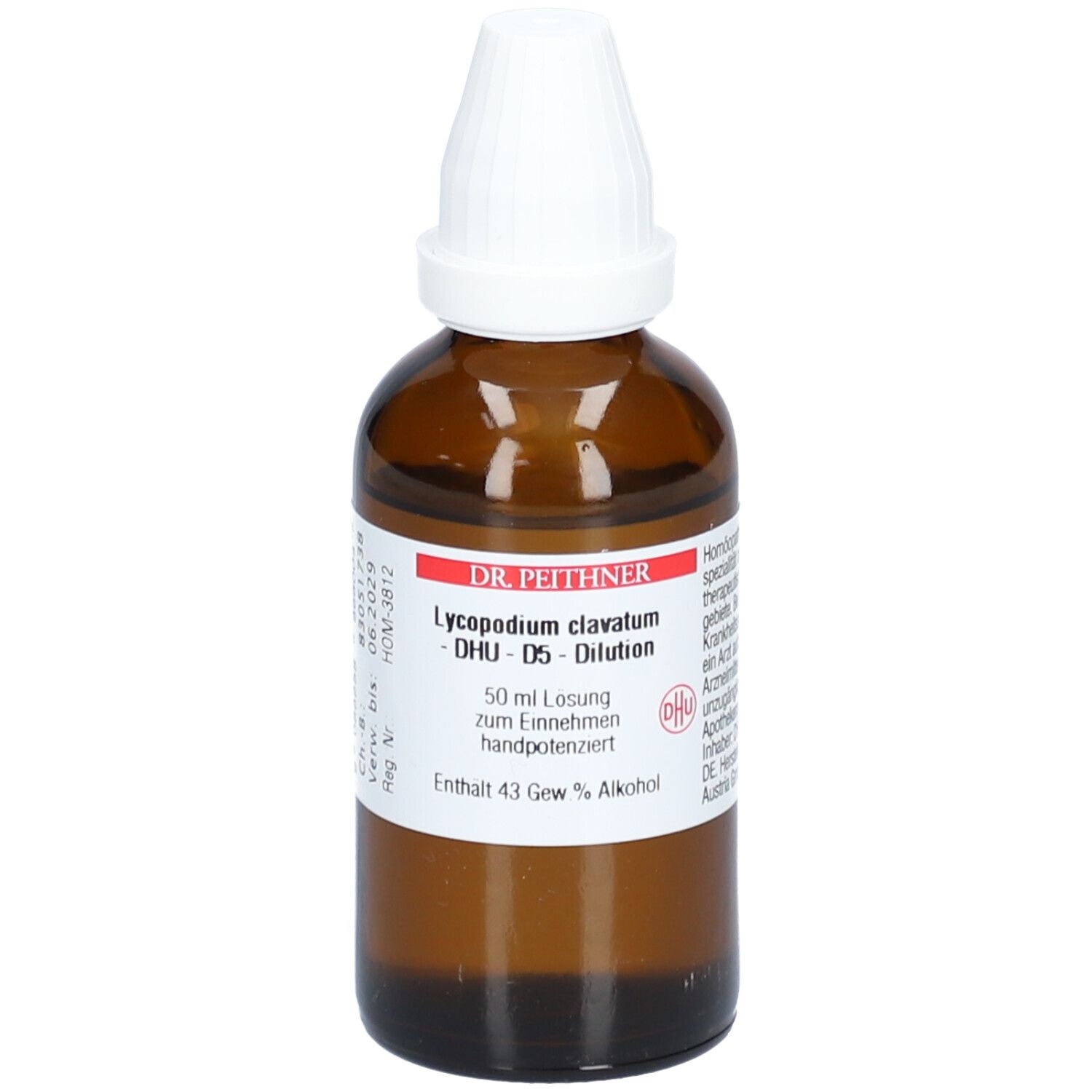 Braune Glasflasche mit weißem Schraubverschluss. Etikett mit Produktinformationen: Dr. Peithner, Lycopodium clavatum, DHU D5, 50 ml Lösung.