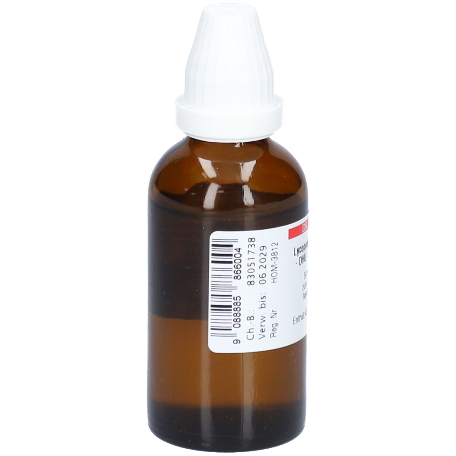 Braune Glasflasche mit weißem Schraubverschluss. Etikett mit Barcode und Produktinformationen: Dr. Peithner, Lycopodium clavatum, DHU D5.