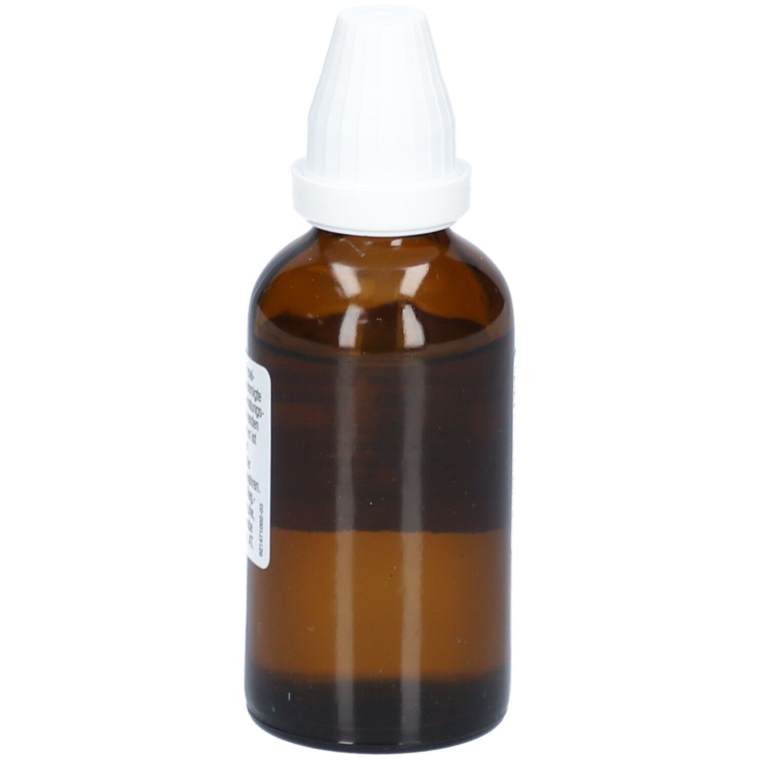 Braune Glasflasche mit weißem Schraubverschluss. Etikett mit Produktinformationen. Flasche steht aufrecht.