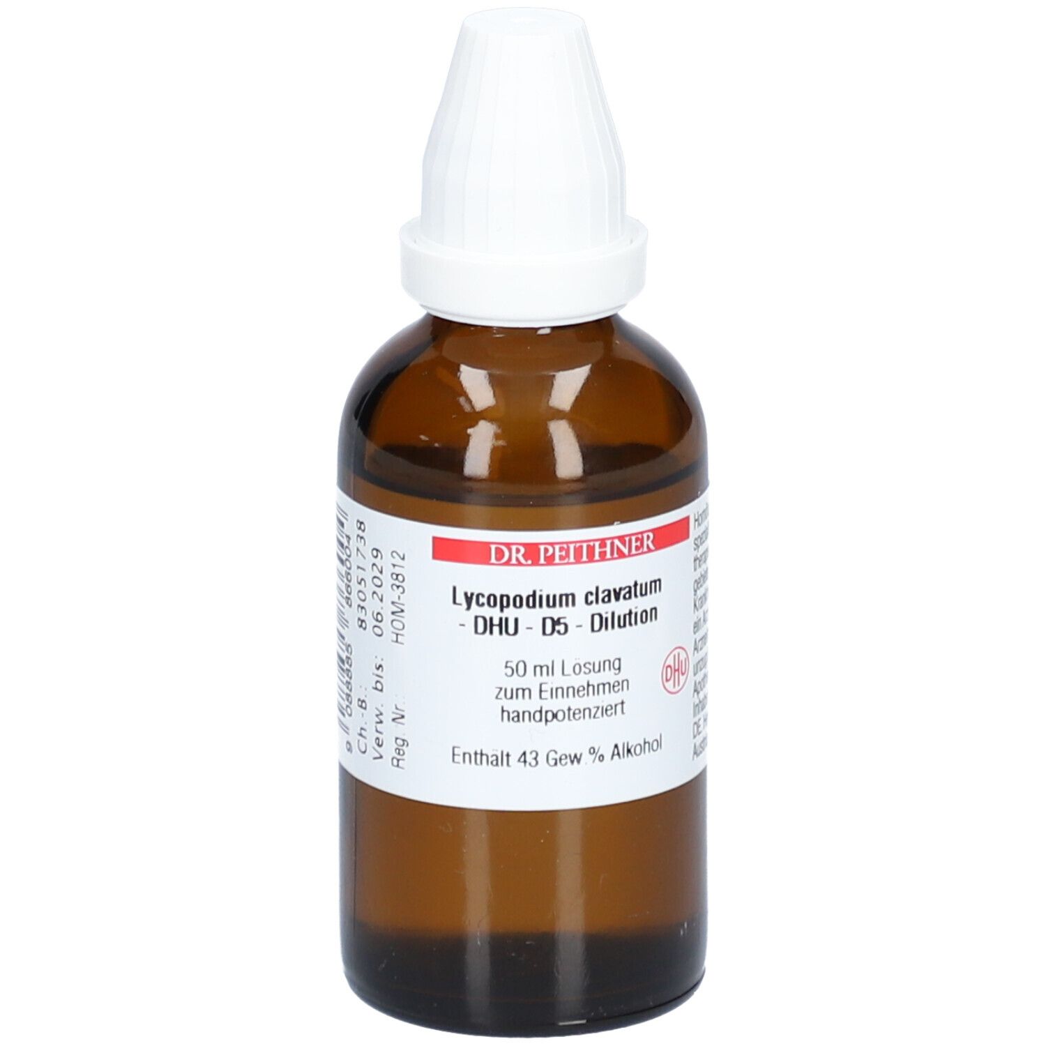 Braune Glasflasche mit weißem Schraubverschluss. Etikett mit Produktinformationen: Dr. Peithner, Lycopodium clavatum, DHU D5, 50 ml Lösung.