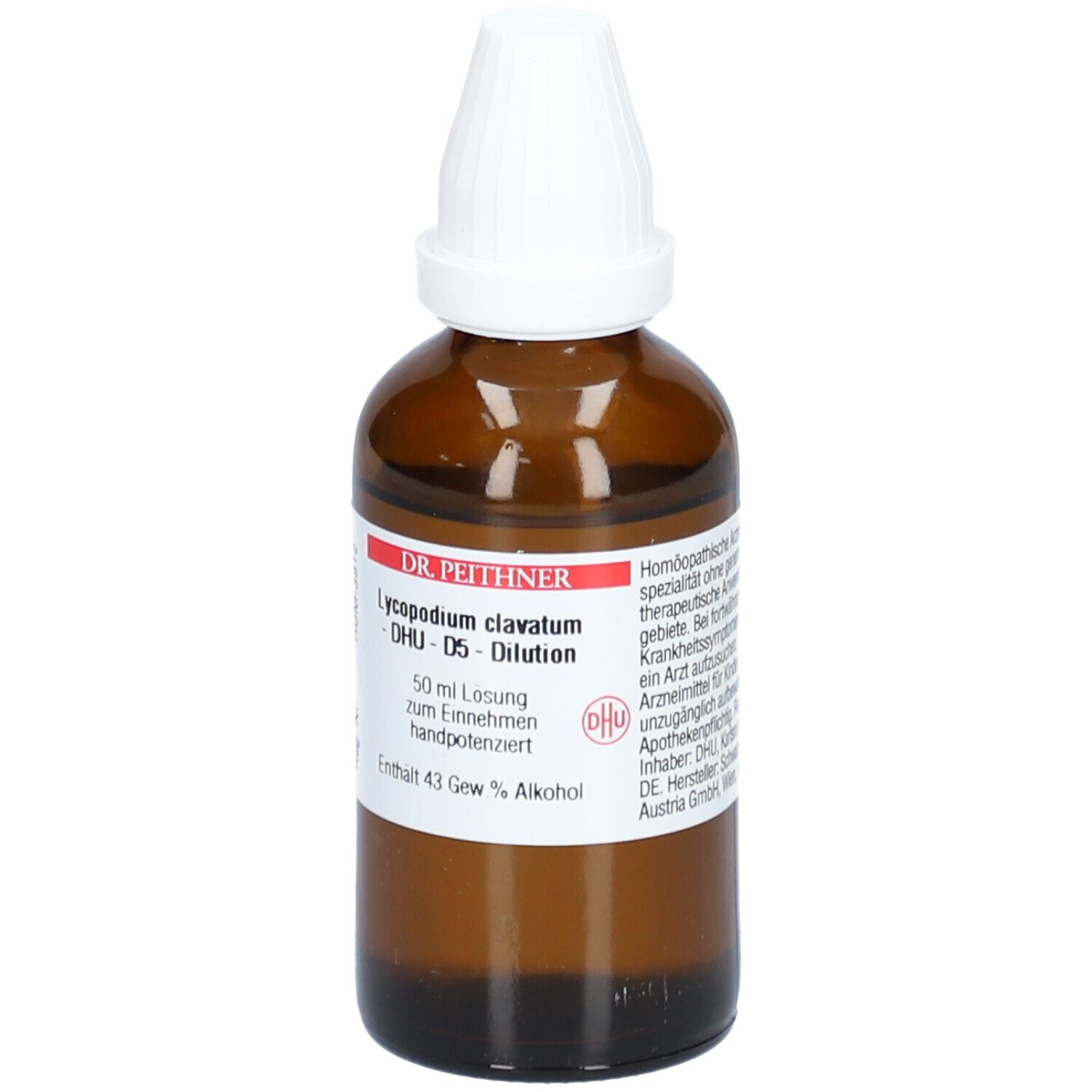 Braune Glasflasche mit weißem Schraubverschluss. Etikett mit Produktinformationen: Dr. Peithner, Lycopodium clavatum, DHU D5, 50 ml Lösung.