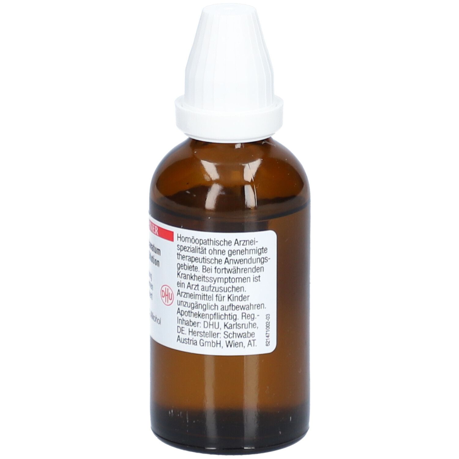 Braune Glasflasche mit weißem Schraubverschluss. Etikett mit Produktinformationen. Rückansicht.