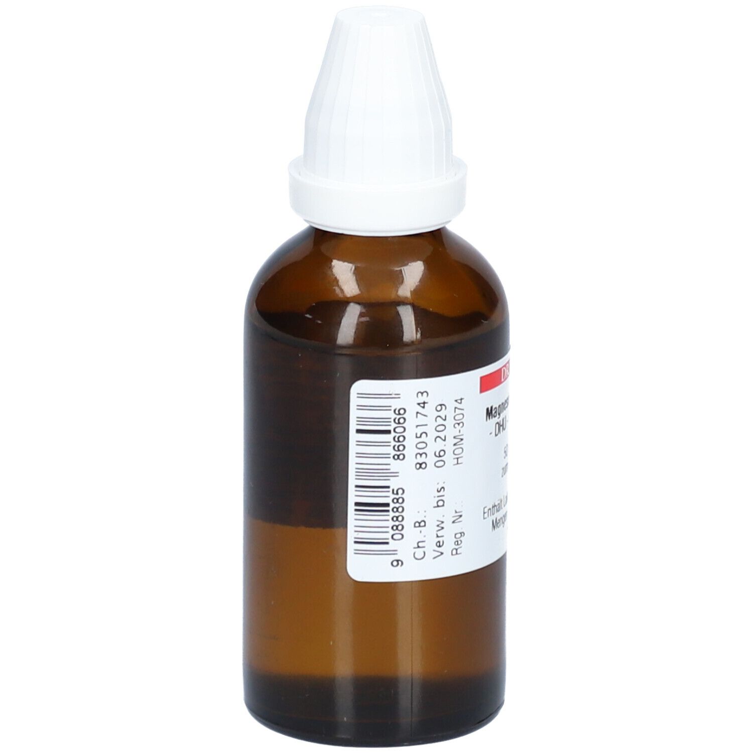 Braune Glasflasche mit weißem Verschluss. Etikett mit Barcode und Produktinformationen. Tropfflasche.