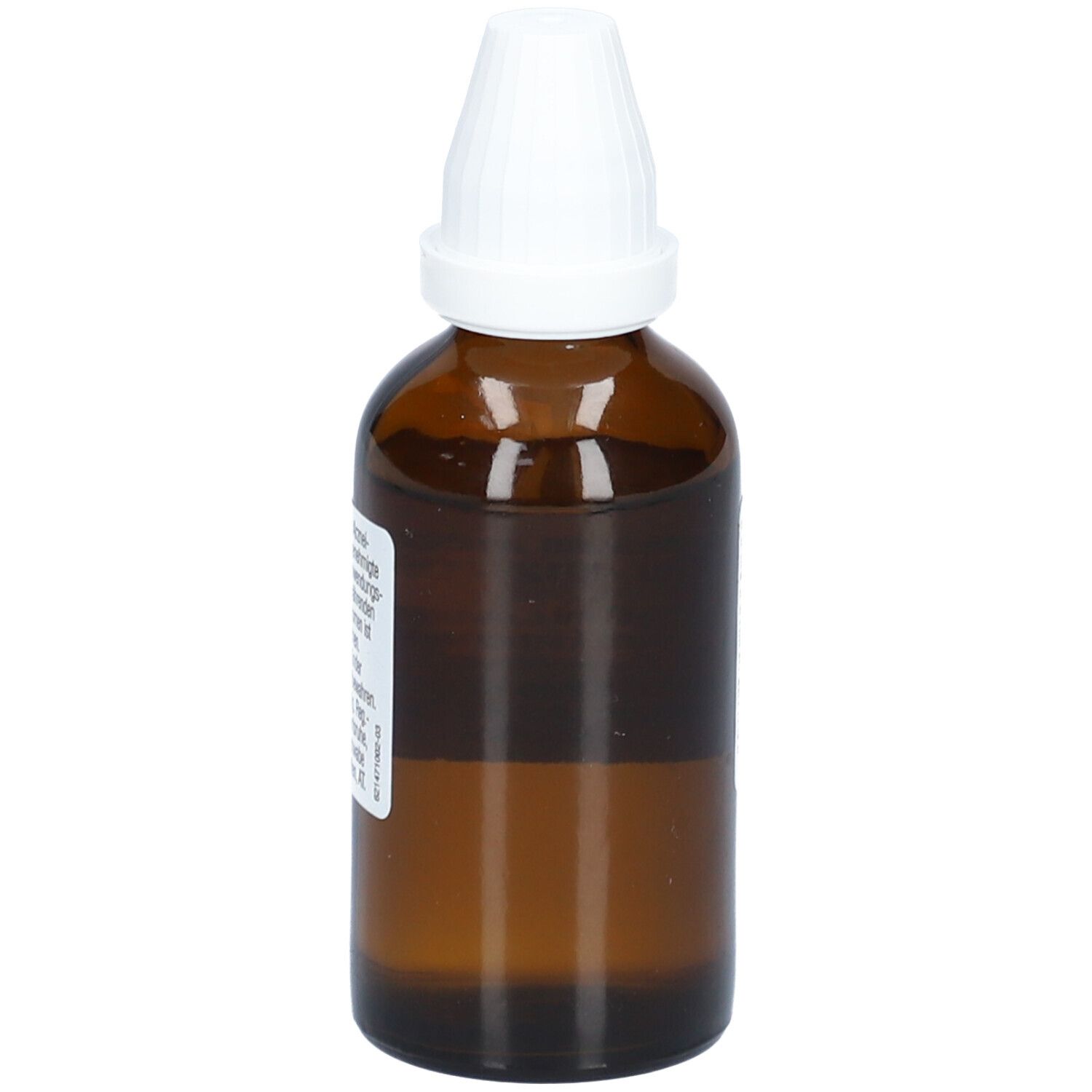 Braune Glasflasche mit weißem Verschluss. Keine sichtbaren Produktinformationen. Tropfflasche.