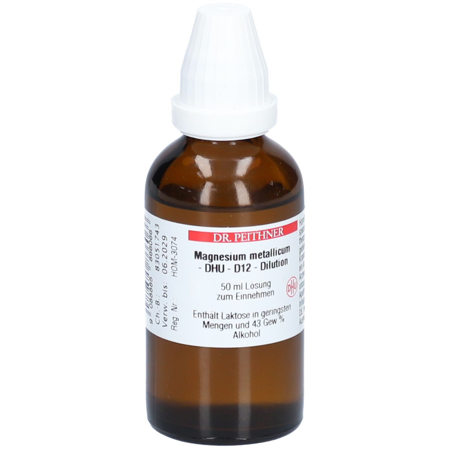 Braune Glasflasche mit weißem Verschluss. Etikett mit Produktnamen und Inhaltsangaben. Tropfflasche.