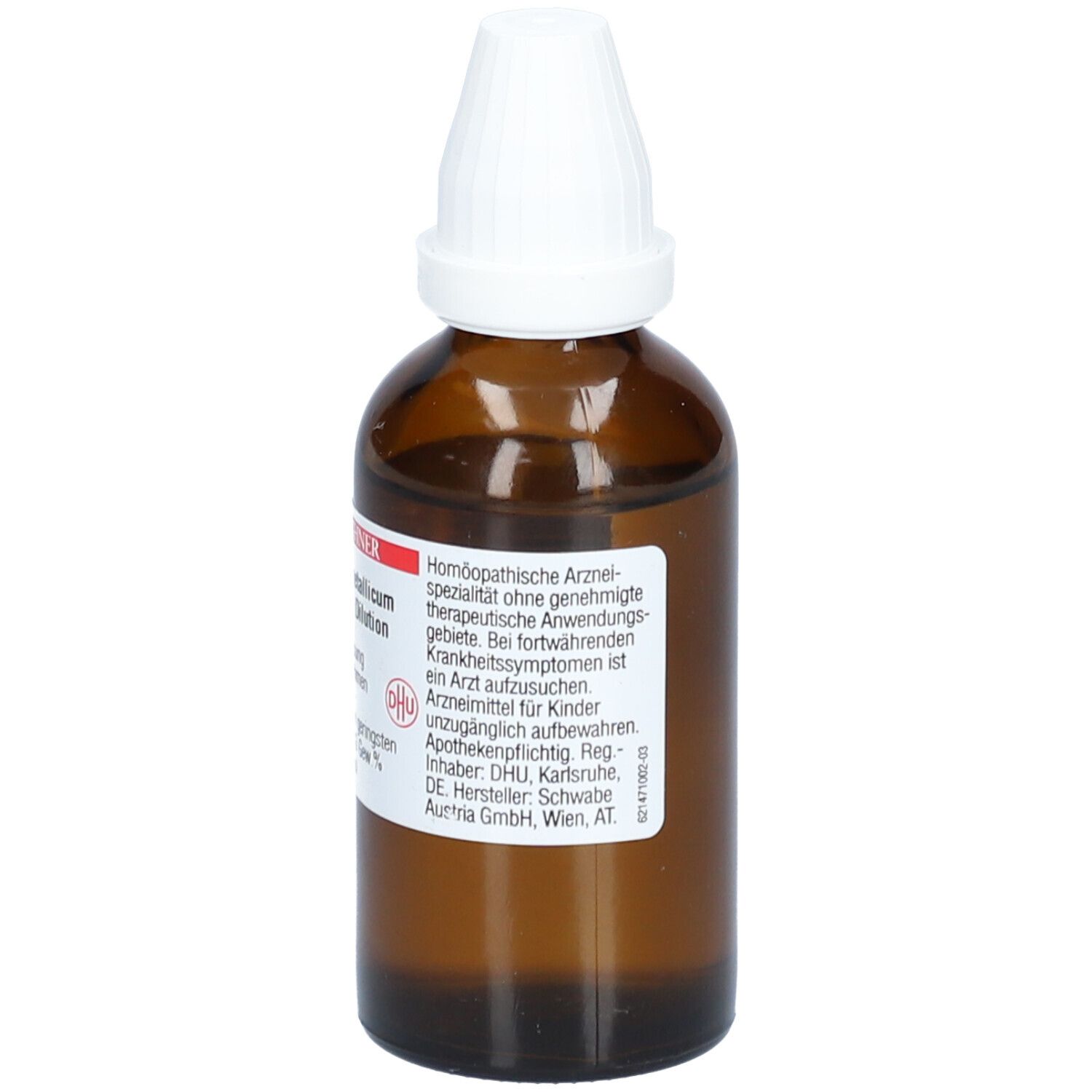 Braune Glasflasche mit weißem Verschluss. Etikett mit Produktnamen und Inhaltsangaben. Tropfflasche.