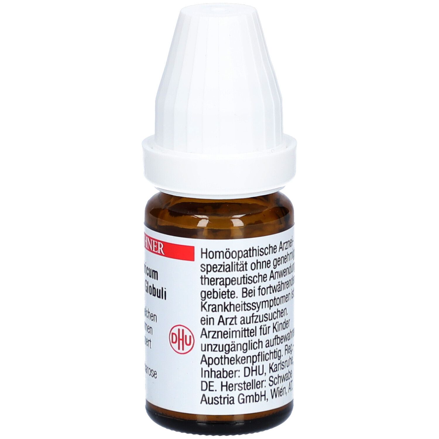 Braune Glasflasche mit weißem Deckel. Etikett mit Text über homöopathische Arzneimittel und Hersteller.