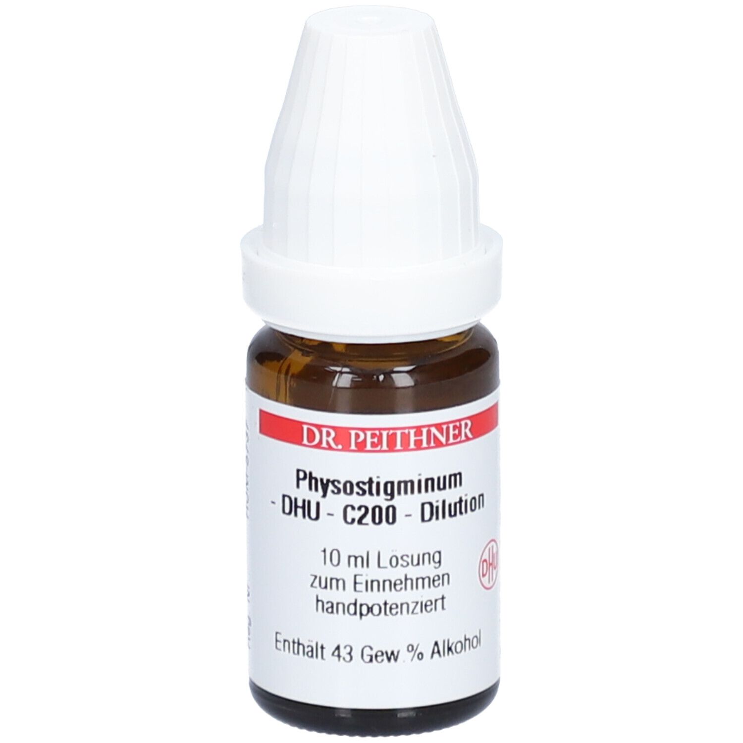 Braune Glasflasche mit weißem Verschluss. Beschriftung: DR. PEITHNER, PHYSOSTIGMINUM - DHU - C200 - Dilution, 10 ml Lösung.