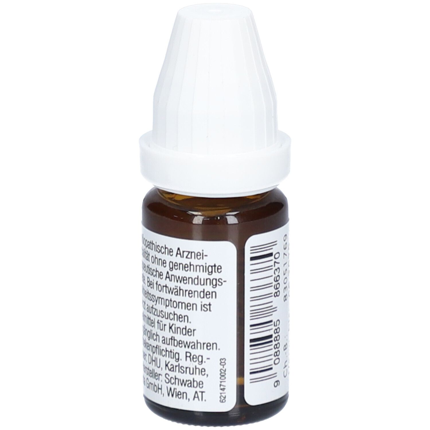 Braune Glasflasche mit weißem Verschluss. Beschriftung: DR. PEITHNER, PHYSOSTIGMINUM - DHU - C200 - Dilution, homöopathisches Arzneimittel.