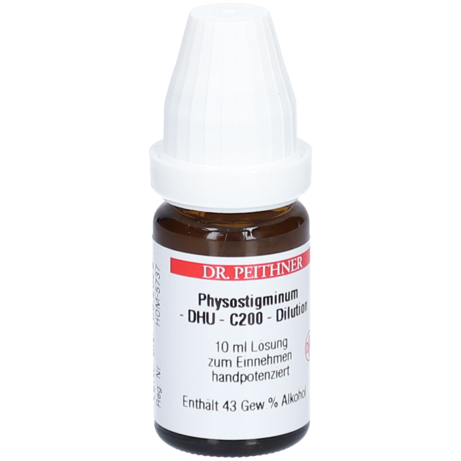 Braune Glasflasche mit weißem Verschluss. Beschriftung: DR. PEITHNER, PHYSOSTIGMINUM - DHU - C200 - Dilution, 10 ml Lösung.