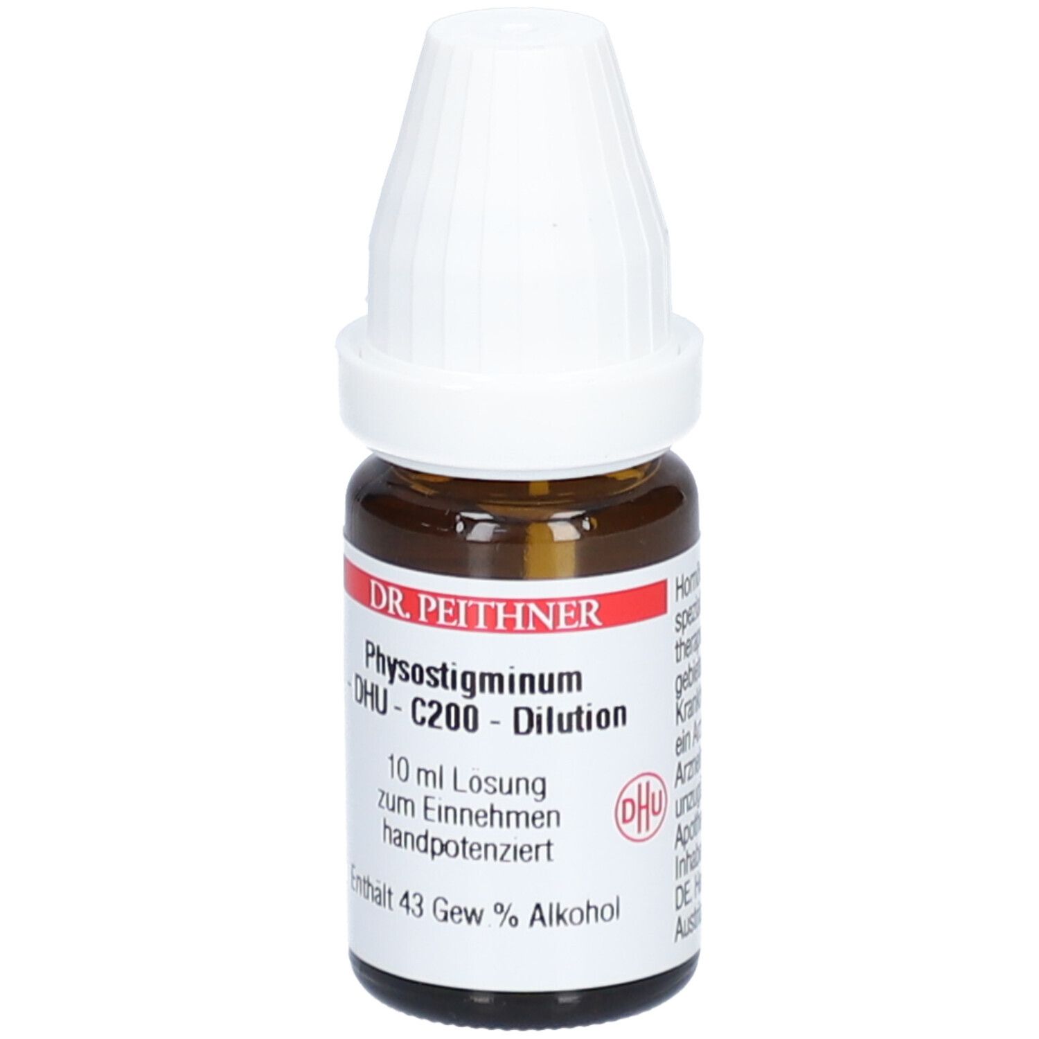 Braune Glasflasche mit weißem Verschluss. Beschriftung: DR. PEITHNER, PHYSOSTIGMINUM - DHU - C200 - Dilution, 10 ml Lösung.