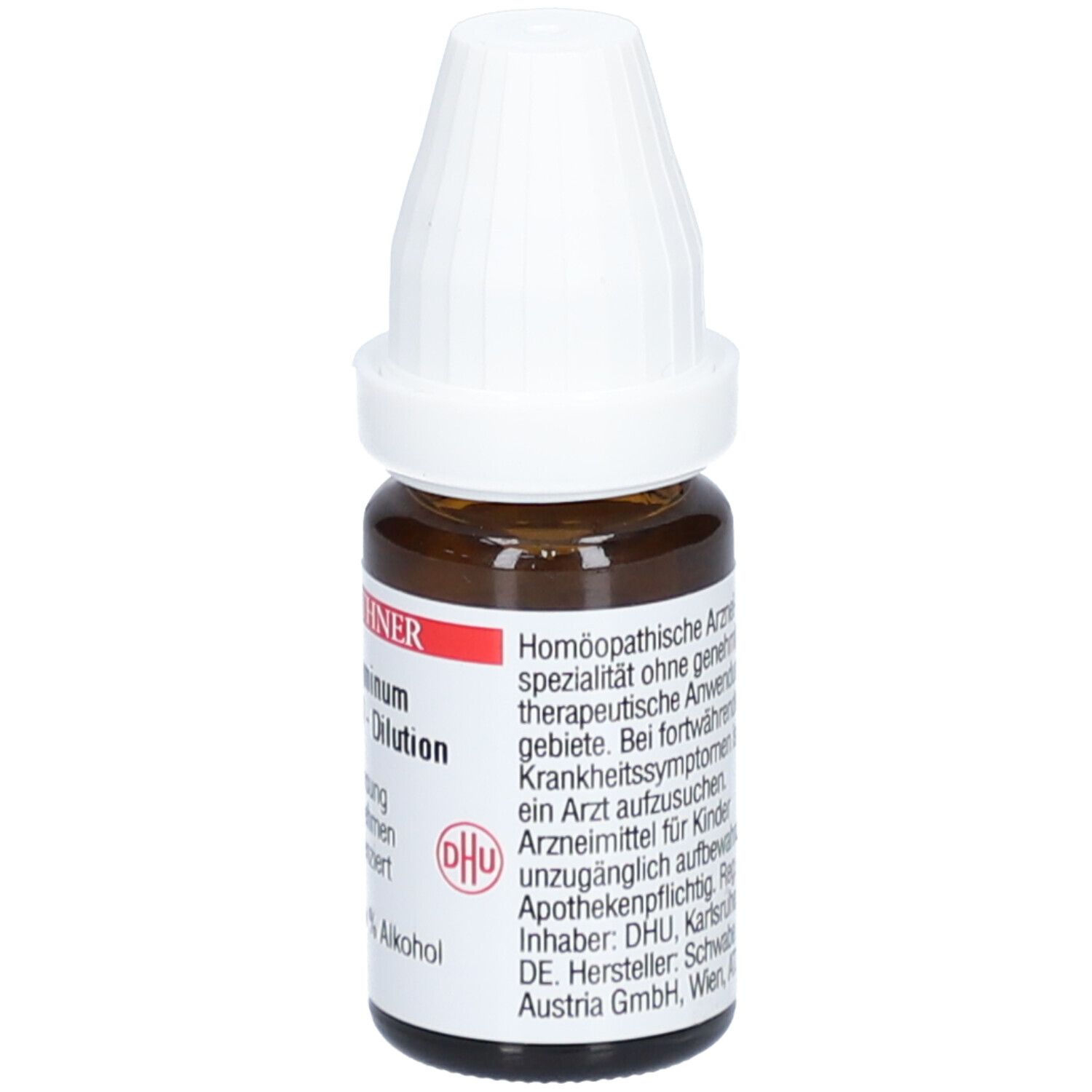 Braune Glasflasche mit weißem Verschluss. Beschriftung: DR. PEITHNER, PHYSOSTIGMINUM - DHU - C200 - Dilution, homöopathisches Arzneimittel.