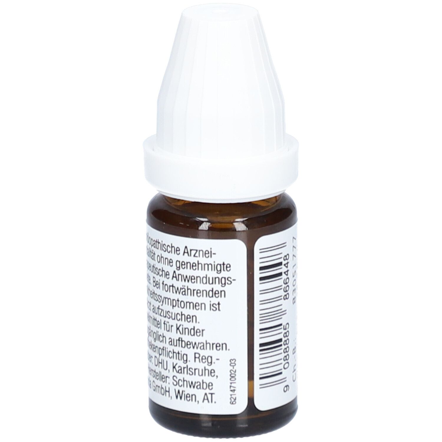 Braune Glasflasche mit weißem Verschluss. Etikett mit Text: homöopathische Arzneimittel, DR. PEITHNER, Polygala senega - DHU - C30 - Dilution.