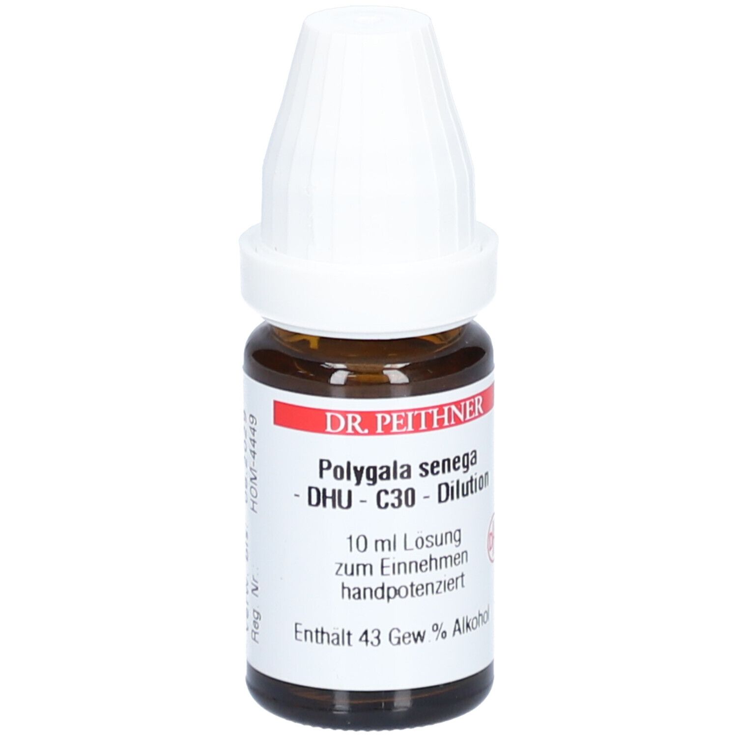 Braune Glasflasche mit weißem Verschluss. Etikett mit Text: DR. PEITHNER, Polygala senega - DHU - C30 - Dilution, 10 ml Lösung zum Einnehmen.