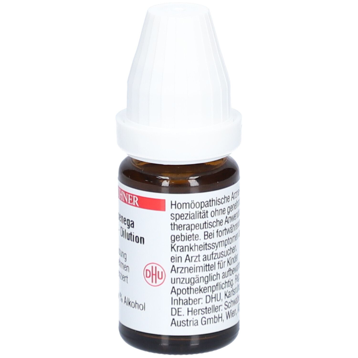 Braune Glasflasche mit weißem Verschluss. Etikett mit Text: DR. PEITHNER, Polygala senega - DHU - C30 - Dilution, Homöopathische Arzneimittel.