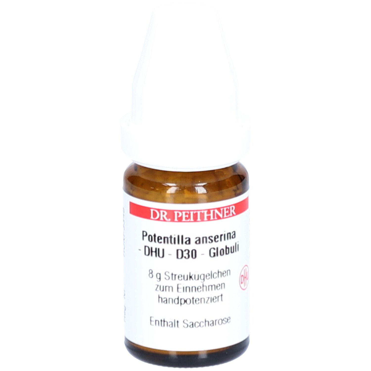 Braune Glasflasche mit weißem Deckel. Beschriftung: DR. PEITHNER, Potentilla anserina - D30 - Globuli, 8 g Streukügelchen.