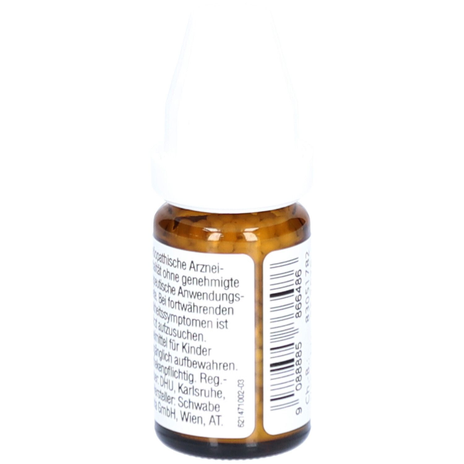 Braune Glasflasche mit weißem Deckel. Etikett mit Text: Homöopathische Arzneimittel, DR. PEITHNER, Potentilla anserina - D30 - Globuli.
