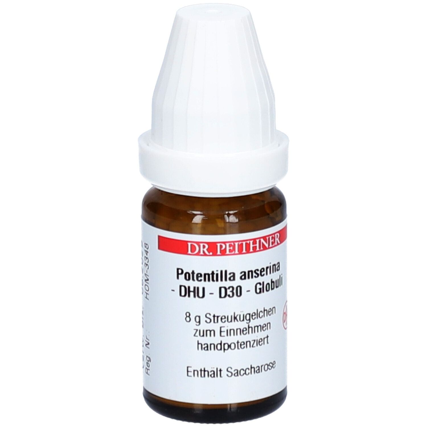 Braune Glasflasche mit weißem Deckel. Beschriftung: DR. PEITHNER, Potentilla anserina - D30 - Globuli, 8 g Streukügelchen.