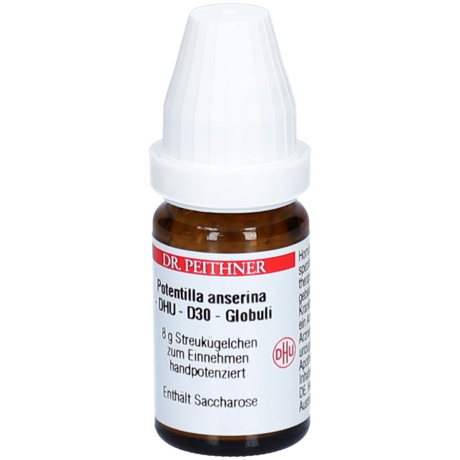 Braune Glasflasche mit weißem Deckel. Beschriftung: DR. PEITHNER, Potentilla anserina - D30 - Globuli, 8 g Streukügelchen, DHU.