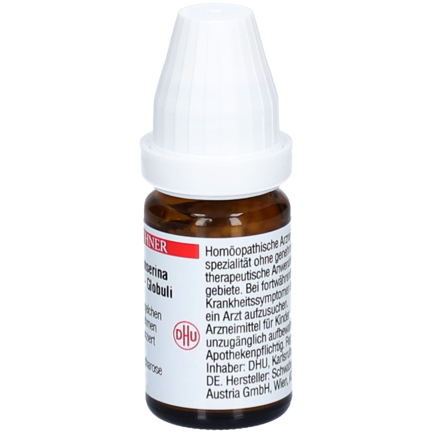 Braune Glasflasche mit weißem Deckel. Etikett mit Text: Homöopathische Arzneimittel, DR. PEITHNER, Potentilla anserina - D30 - Globuli, DHU.