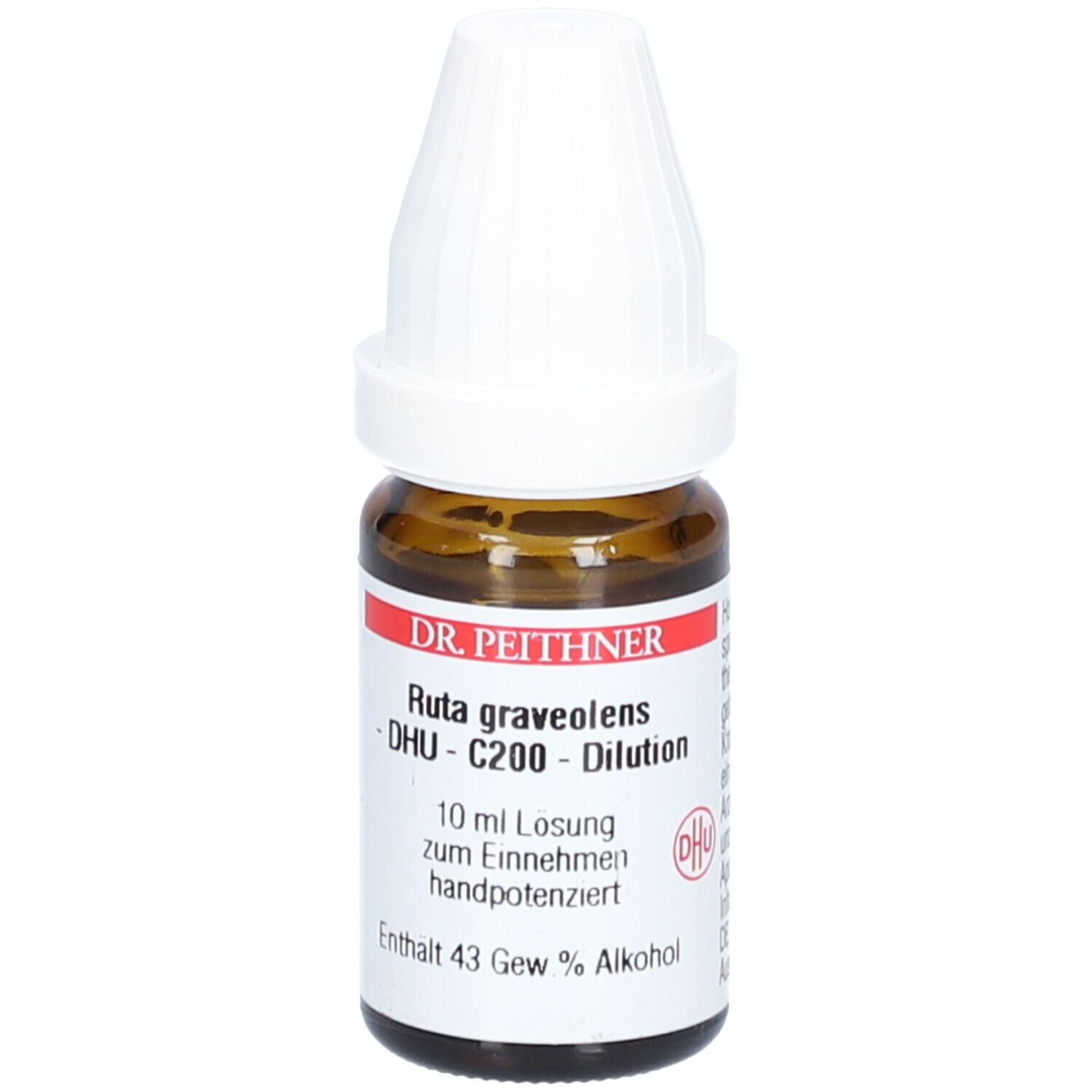 Braune Glasflasche mit weißem Verschluss. Etikett mit Produktinformationen: Ruta graveolens DHU C200 Dilution.