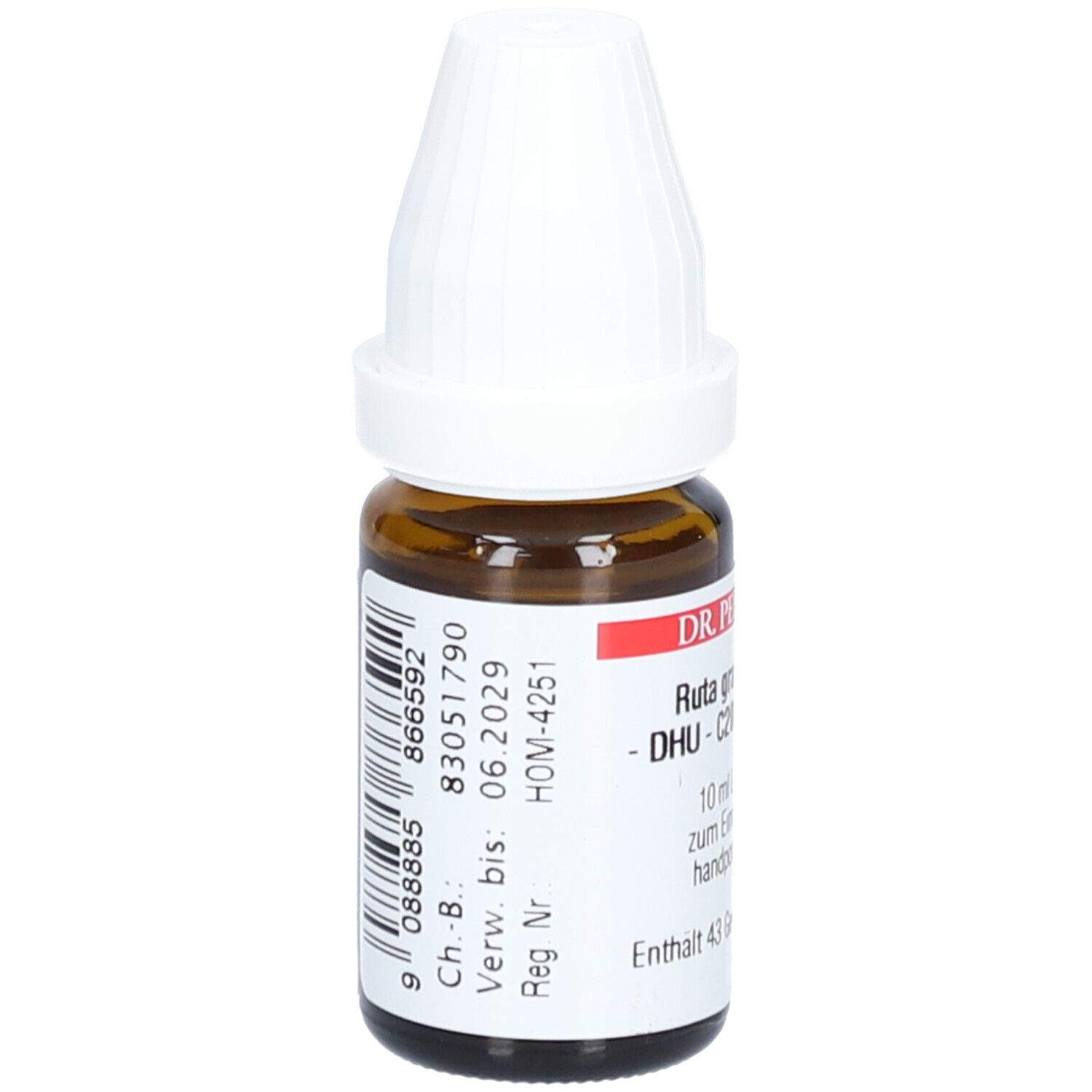 Braune Glasflasche mit weißem Verschluss. Etikett mit Barcode und Produktinformationen: Ruta graveolens DHU C200 Dilution.
