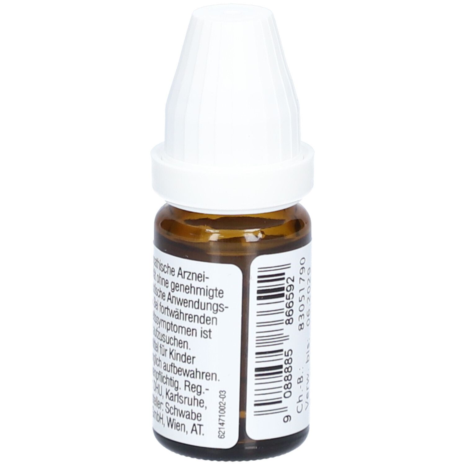 Braune Glasflasche mit weißem Verschluss. Etikett mit Produktinformationen und Barcode: Ruta graveolens DHU C200 Dilution.