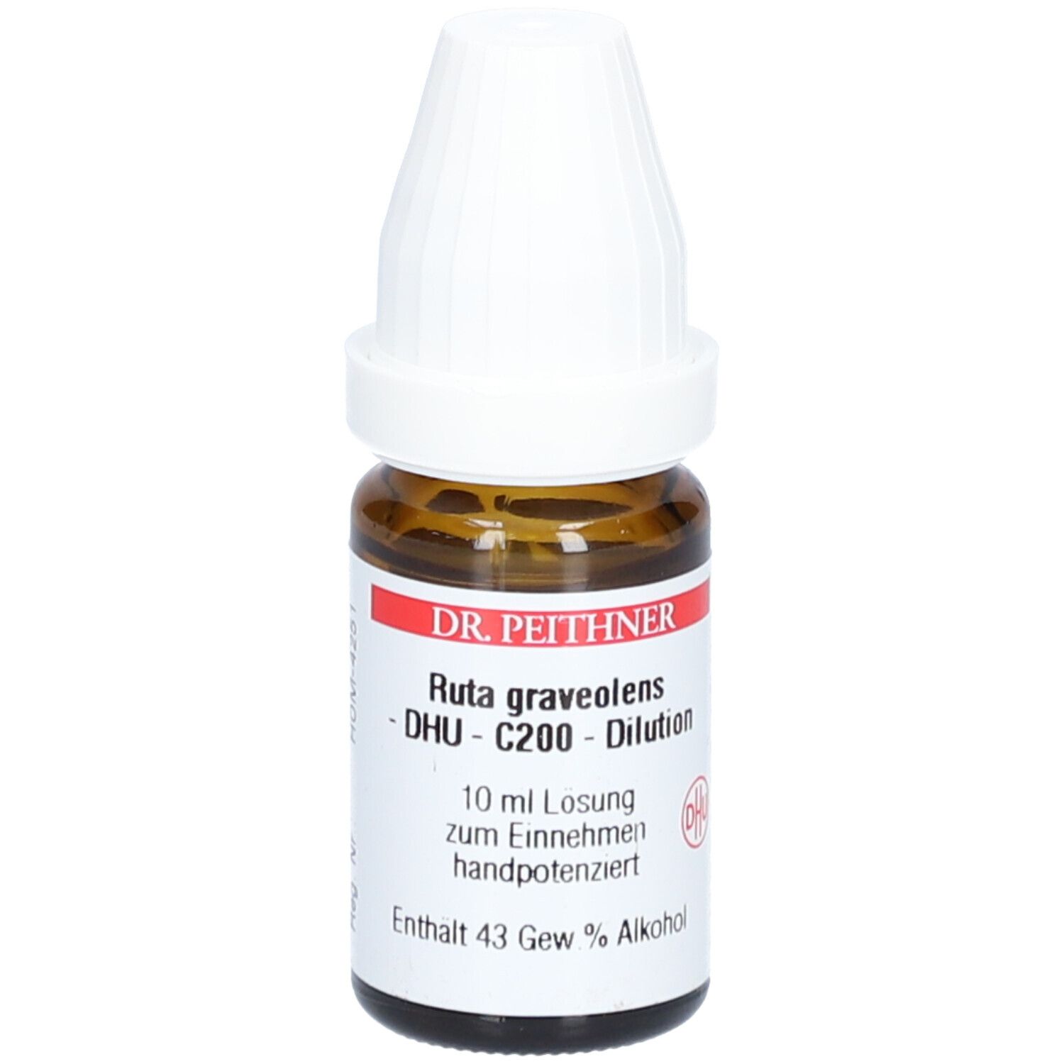 Braune Glasflasche mit weißem Verschluss. Etikett mit Produktinformationen: Ruta graveolens DHU C200 Dilution.