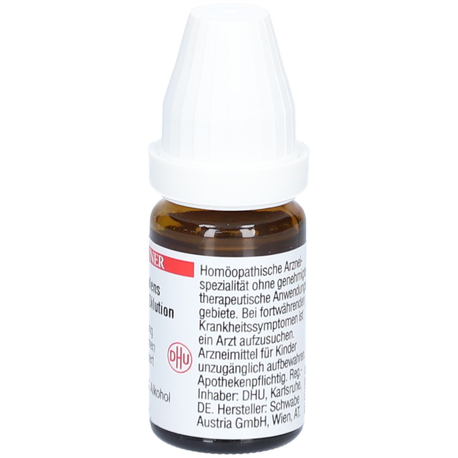 Braune Glasflasche mit weißem Verschluss. Etikett mit Produktinformationen: Ruta graveolens DHU C200 Dilution.
