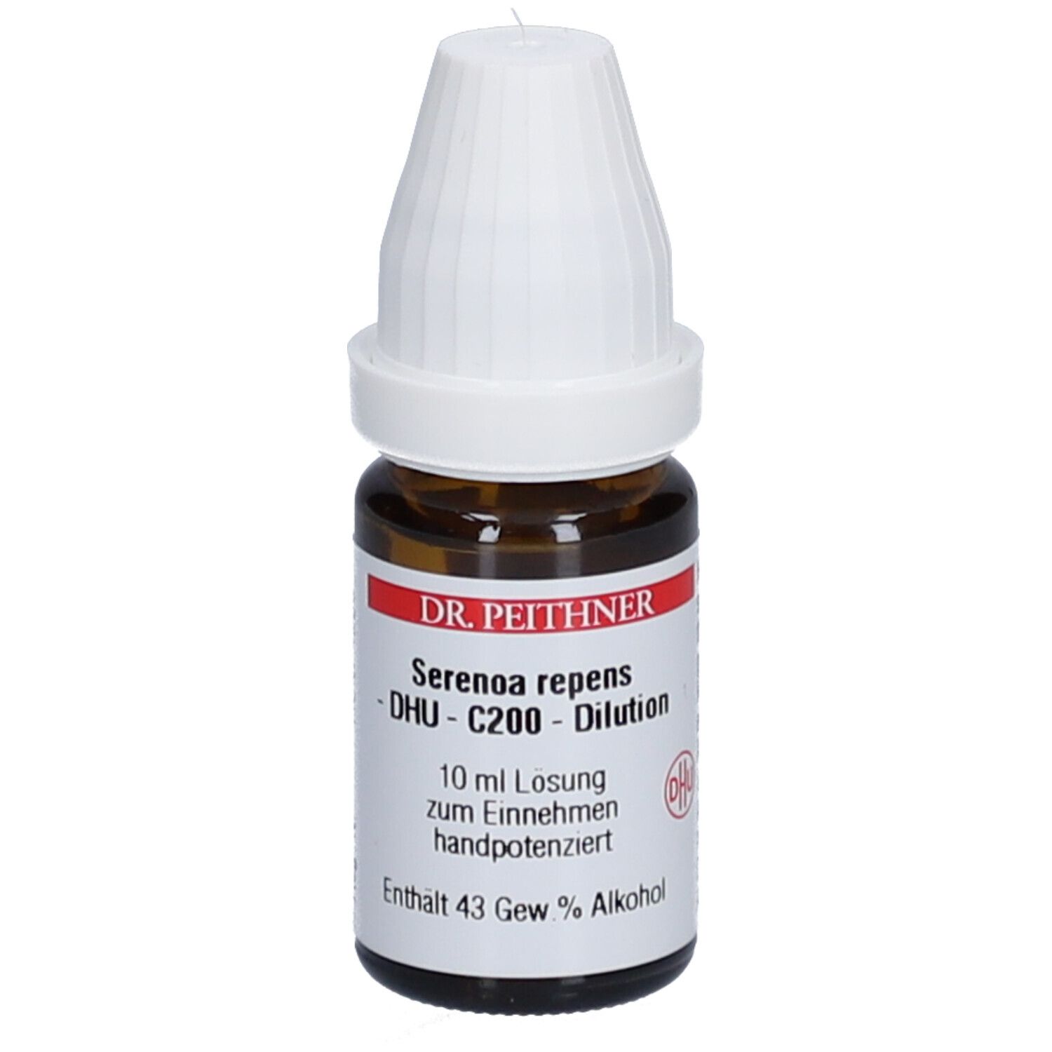 Braune Glasflasche mit weißem Deckel. Beschriftung: DR. PEITHNER, Serenoa repens, DHU-C200, 10 ml Lösung, 43 Gew.% Alkohol.