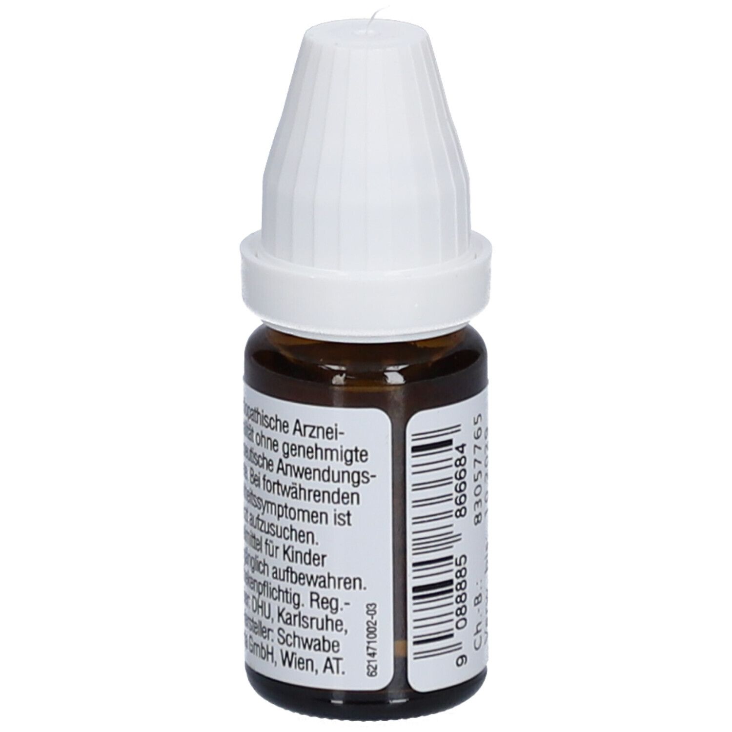 Braune Glasflasche mit weißem Deckel. Beschriftung: Homöopathische Arznei, DHU, Apothekenpflichtig.